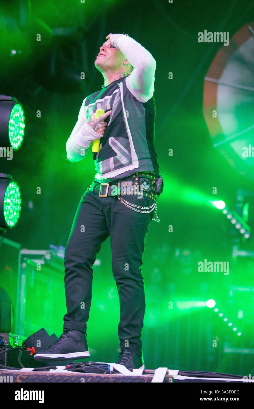 Headliner, il Prodigy chiude il Main Stage l'ultimo giorno al T in the Park nella sua nuova sede del Castello di Strathallen Foto Stock