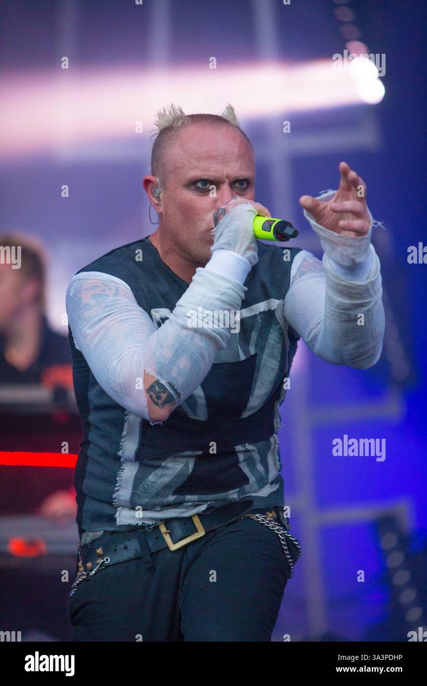 Headliner, il Prodigy chiude il Main Stage l'ultimo giorno al T in the Park nella sua nuova sede del Castello di Strathallen Foto Stock