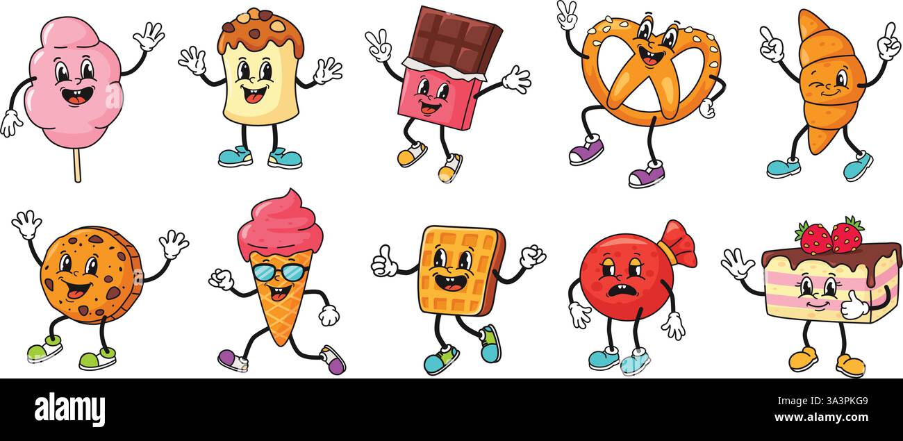 Personaggio del dessert dei cartoni animati. Mascotte retrò per caramelle di cotone, panettone dolce, barretta di cioccolato, simpatico pretzel e croissant. Buon biscotto, gelato Illustrazione Vettoriale