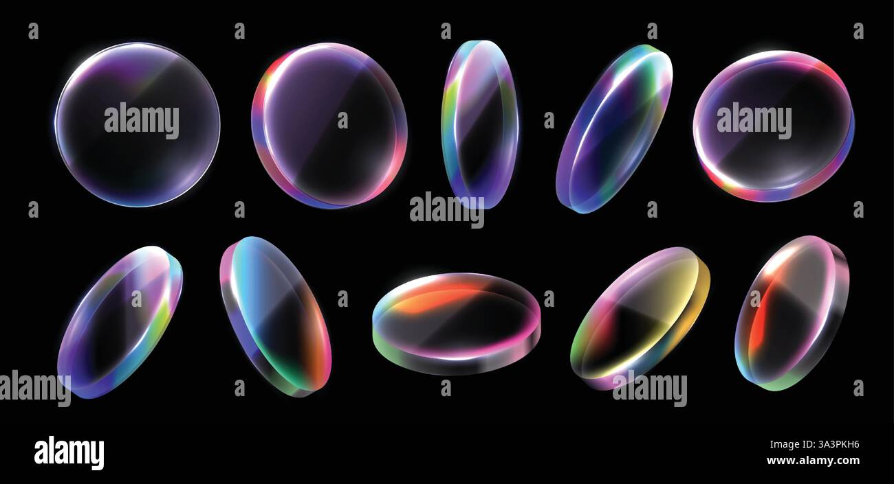 Cerchio olografico in vetro. Lente iridescente, disco trasparente colorato e piastra arcobaleno in cristallo. Effetto trasparenza cerchi in vetro con luce gradiente Illustrazione Vettoriale