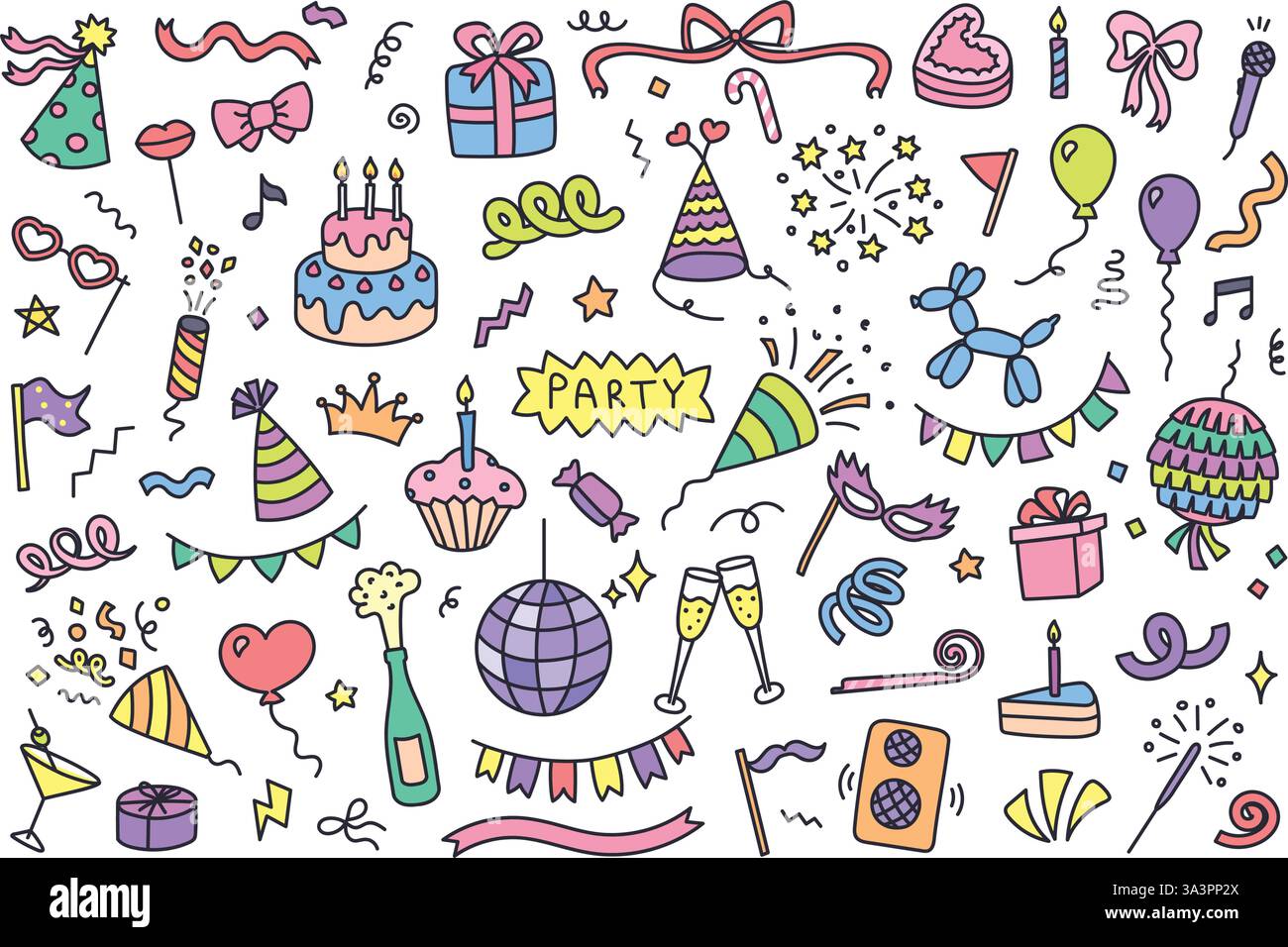 Decorazioni per feste disegnate a mano. Spaghetti per festeggiare con berretto e bocconcini, torta di compleanno, scatole regalo, palloncini, fuochi d'artificio, nastri e coriandoli Illustrazione Vettoriale