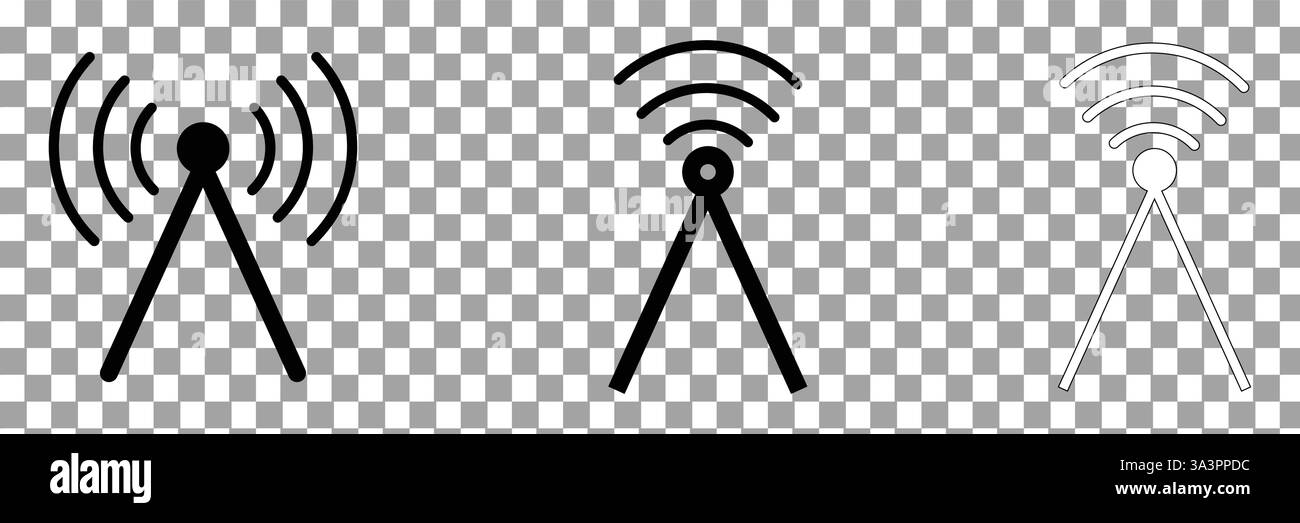 Set di icone della torre radio. Connessione Internet e mobile. Stile lineare. Illustrazione vettoriale isolata su sfondo trasparente Illustrazione Vettoriale