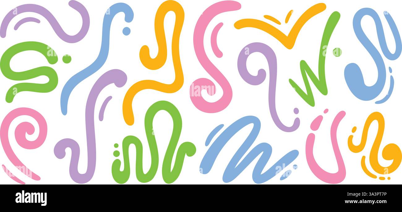 Forme di linea organiche astratte. Spaghettoni fluidi e sinuosi, spaghetti ondulati, strisce di salsa e linee dinamiche. Squiggles colorate disegnate a mano Illustrazione Vettoriale