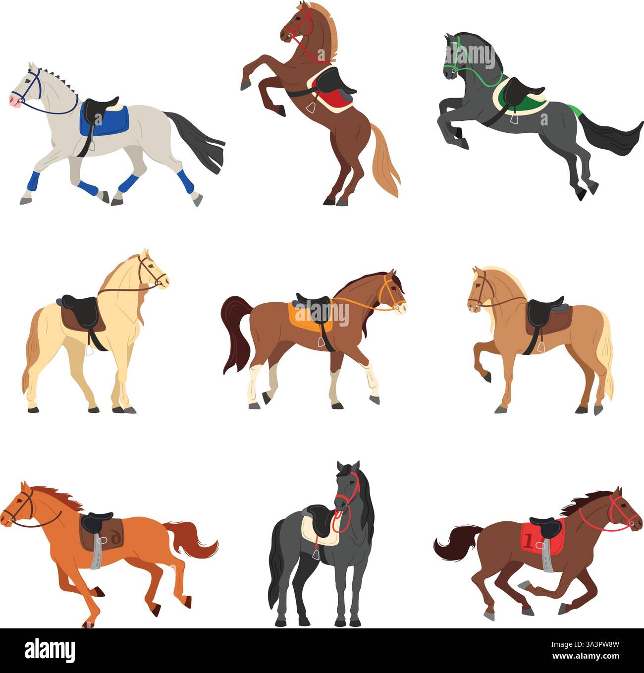 Cavalli sellati. Cavalli al galoppo e trotto, cavalli da corsa equestri con selle in posizione eretta, in corsa, in allevamento e in salto. Equini Illustrazione Vettoriale