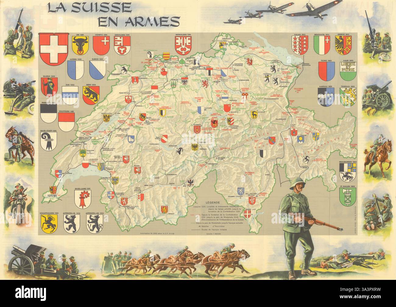 La Suisse en Armes. Forze armate svizzere seconda guerra mondiale e mappa della storia militare 1940 Foto Stock