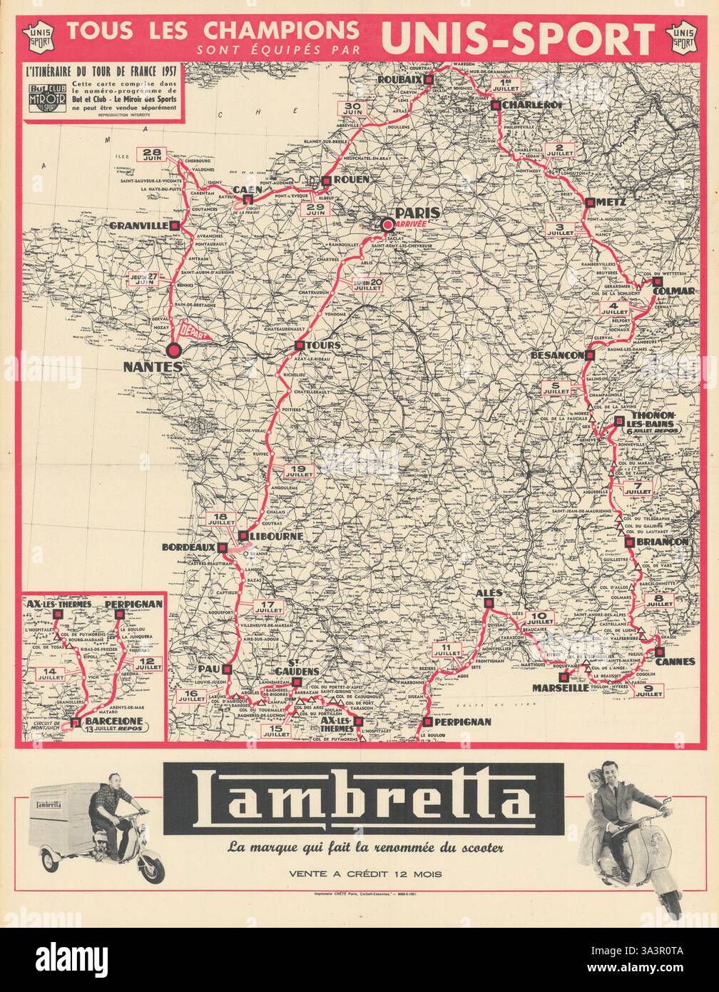 L'Itinéraire du Tour de France - le Miroir des Sports. Mappa degli itinerari ciclabili 1957 Foto Stock