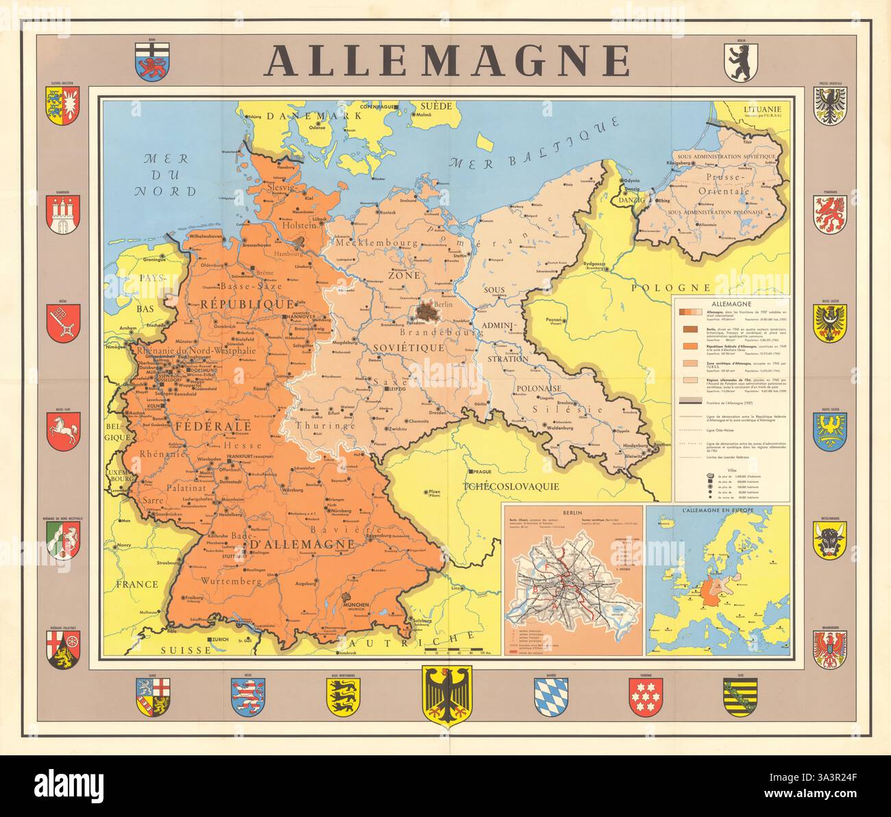 Allemagne. Dopo la seconda guerra mondiale zone di amministrazione della Germania pre-guerra 1949 vecchia mappa Foto Stock