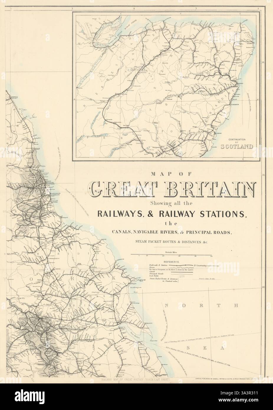 Gran Bretagna mostra tutte le ferrovie… Yorkshire Northumbs costa DOWER 1868 mappa Foto Stock