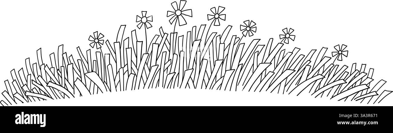 Disegna l'erba del prato. Fiancheggia il campo d'arte primaverile con ciuffi di erbe selvatiche naturali e fiori selvatici in fiore, semplice erba disegnata a mano vettoriale decorativo Illustrazione Vettoriale