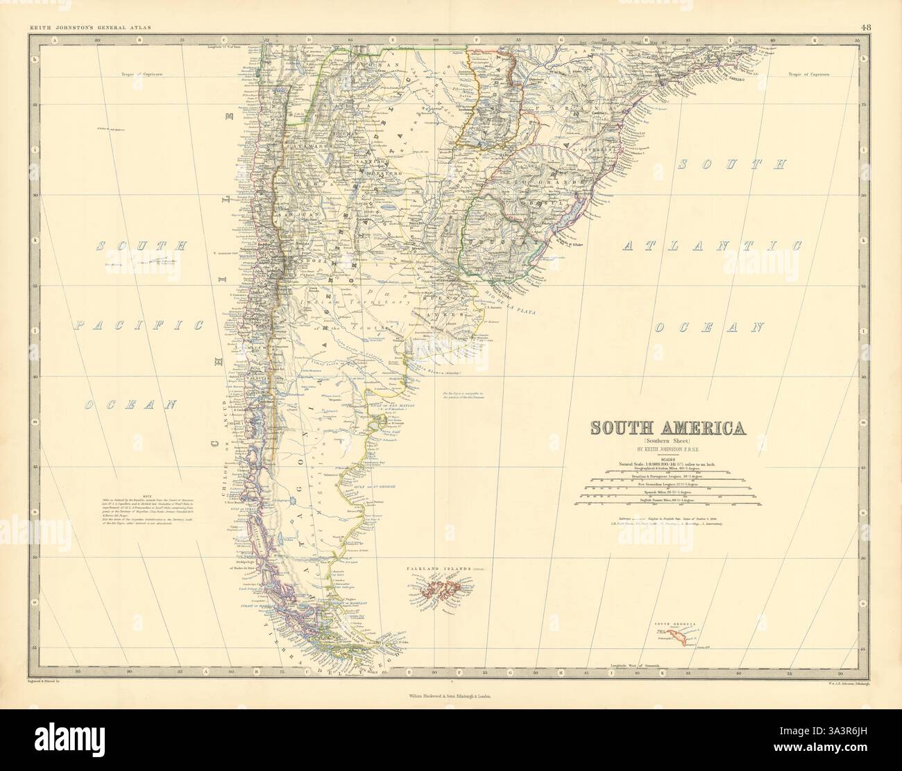 Sud America (Sud). Argentina Cile Uruguay. 50 x 60 cm. JOHNSTON 1876 vecchia mappa Foto Stock