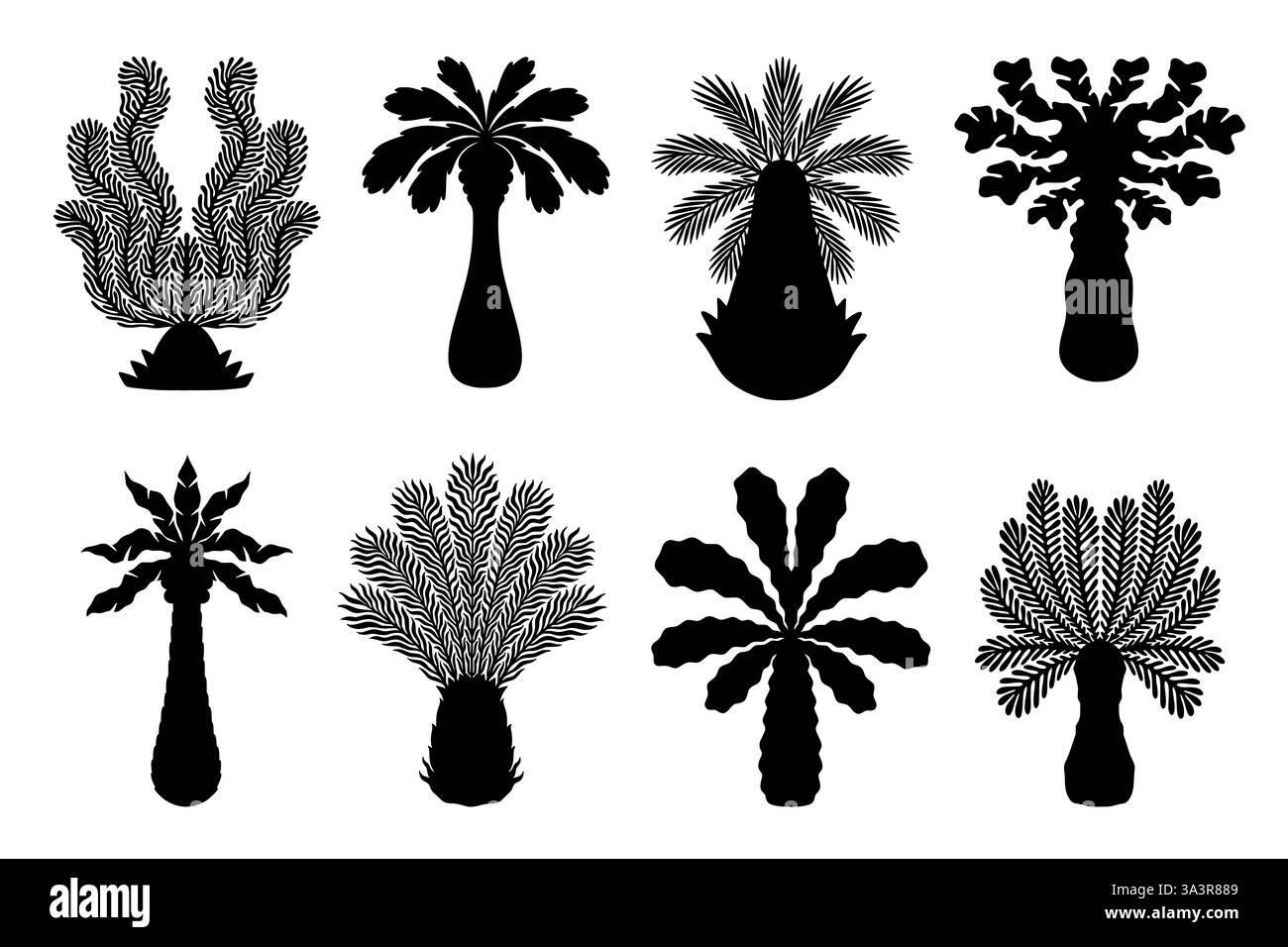 Logo Palm. Palme da cocco, stampa tropicale boho per un resort sulla spiaggia, sole tropicale bohémien o deserto. Silhouette bohémien nera, elementi decorativi isolati nella foresta pluviale. Icona illustrazione vettoriale Illustrazione Vettoriale