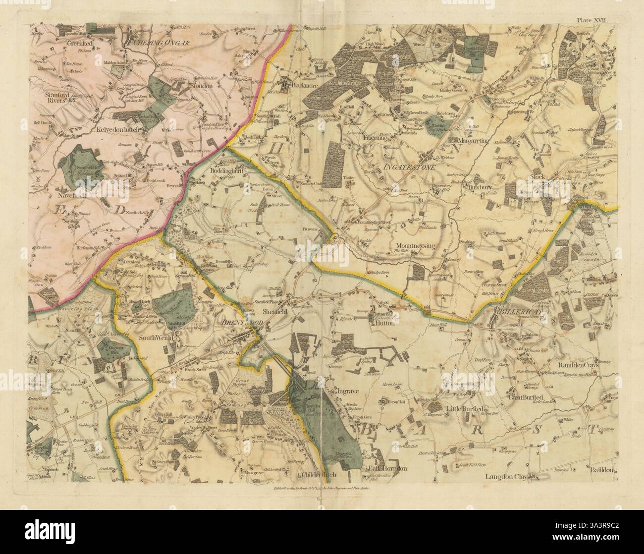 Essex SW #17 Basildon Brentwood Chipping Ongar Billericay Chapman/André 1777 mappa Foto Stock