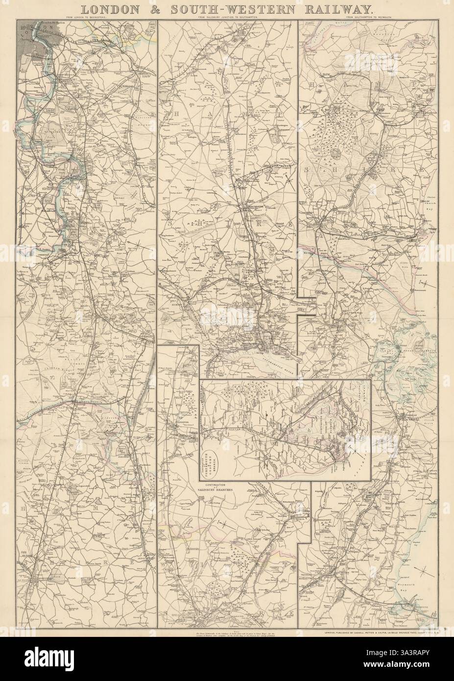LONDRA E FERROVIA SUD-OCCIDENTALE. Portsmouth, Southampton, Weymouth. Mappa WELLER 1864 Foto Stock