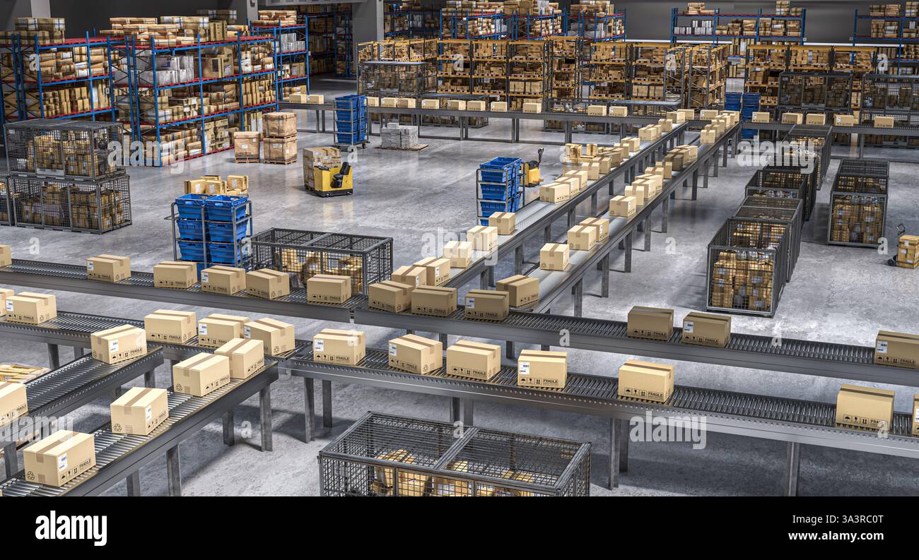 Le scatole di cartone si spostano sul magazzino di distribuzione 3d dei nastri trasportatori Foto Stock