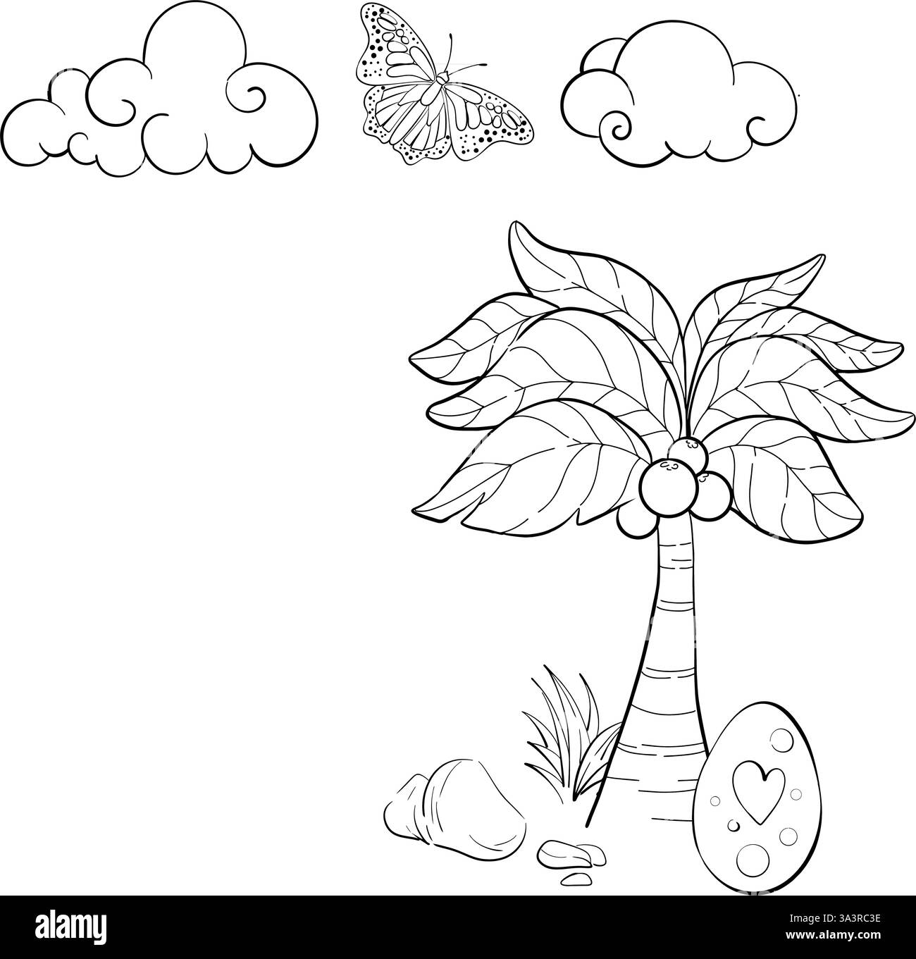Elementi vettoriali di sfondo del periodo giurassico, natura, sole, nuvole, palme bianche e nere in stile cartoni animati. Uovo di dinosauri. Sagoma per circuito Illustrazione Vettoriale