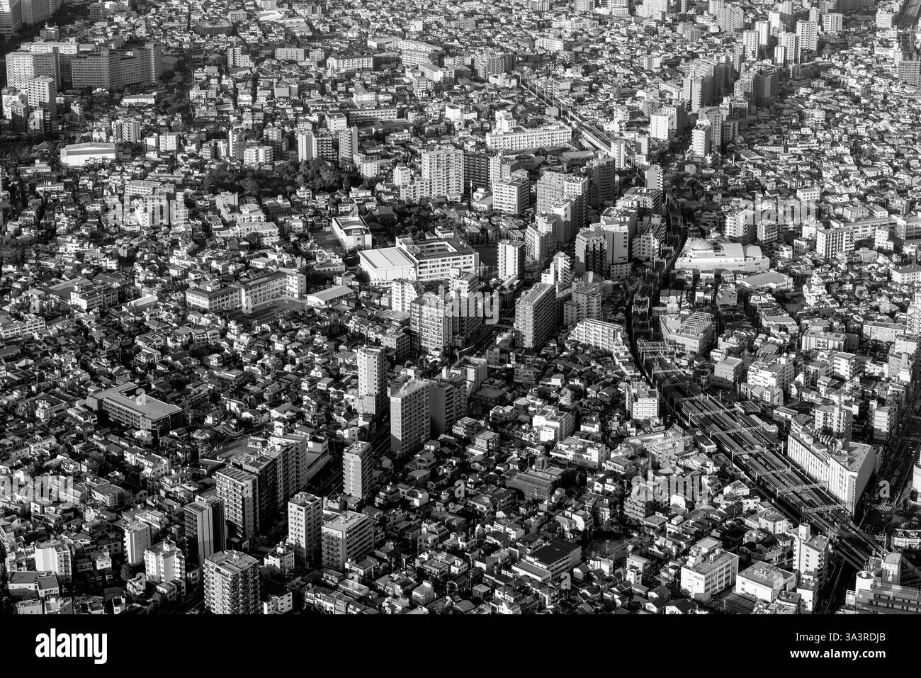 Paesaggio urbano in bianco e nero di Tokyo, che evidenzia la complessa disposizione di strade, edifici e linee di trasporto nella regione metropolitana. Foto Stock