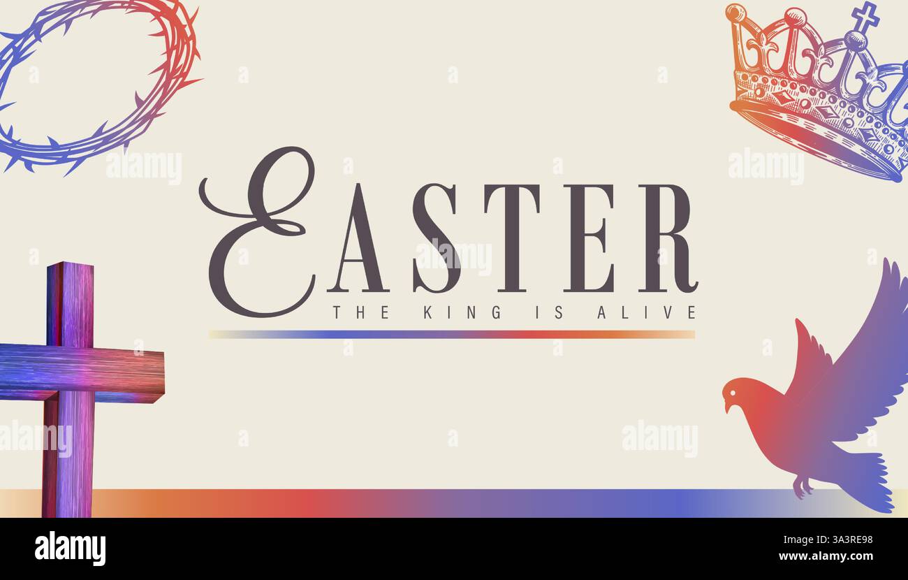 Domenica di Pasqua, il Re è vivo - tipografia creativa con simboli della settimana Santa. Testo di Pasqua vettoriale creativo per il servizio mattutino di sermone della chiesa Illustrazione Vettoriale