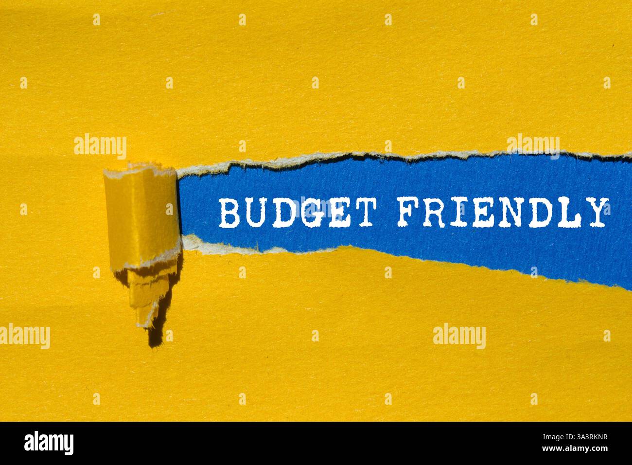 Messaggio economico scritto su un foglio giallo strappato su sfondo blu. Simbolo di budget concettuale. Copia spazio. Foto Stock