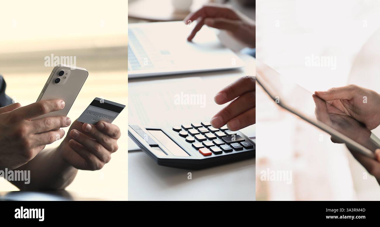 Persone che utilizzano moderni strumenti di gestione finanziaria, vista collage Foto Stock