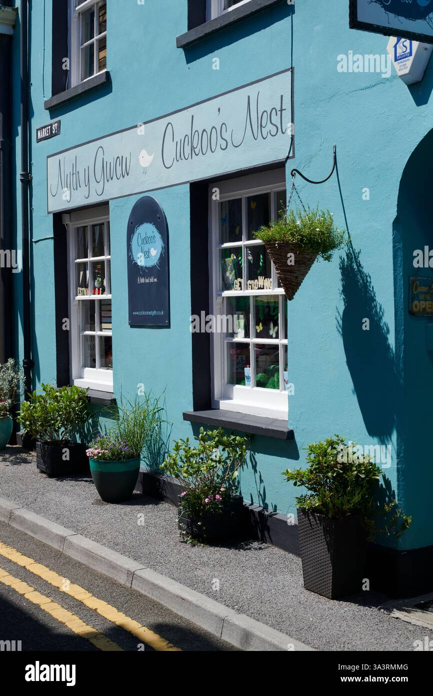 Una fotografia degli edifici colorati della città di Llandeilo nel Carmarthenshire, Galles, Regno Unito, nell'estate del 2022 Foto Stock