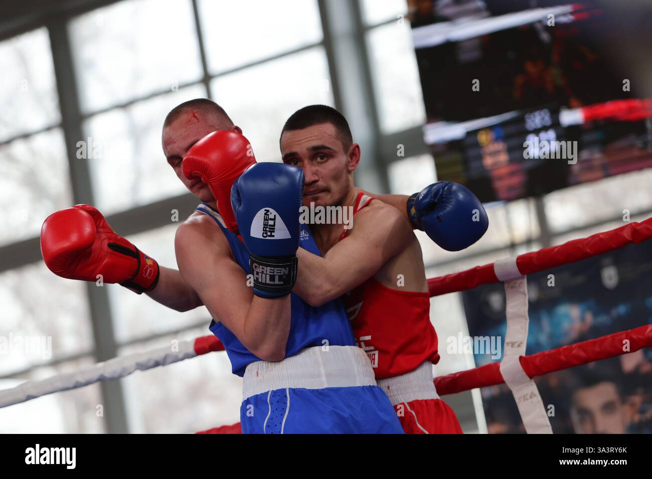 ODESSA, UCRAINA - 10 marzo 2025: Coppa di pugilato Ucraina. Peso finale fino a 60 kg, Red-Aider Abdurahimov Blu - Maksim Vlacyk -60. Difficile, sanguinoso Foto Stock
