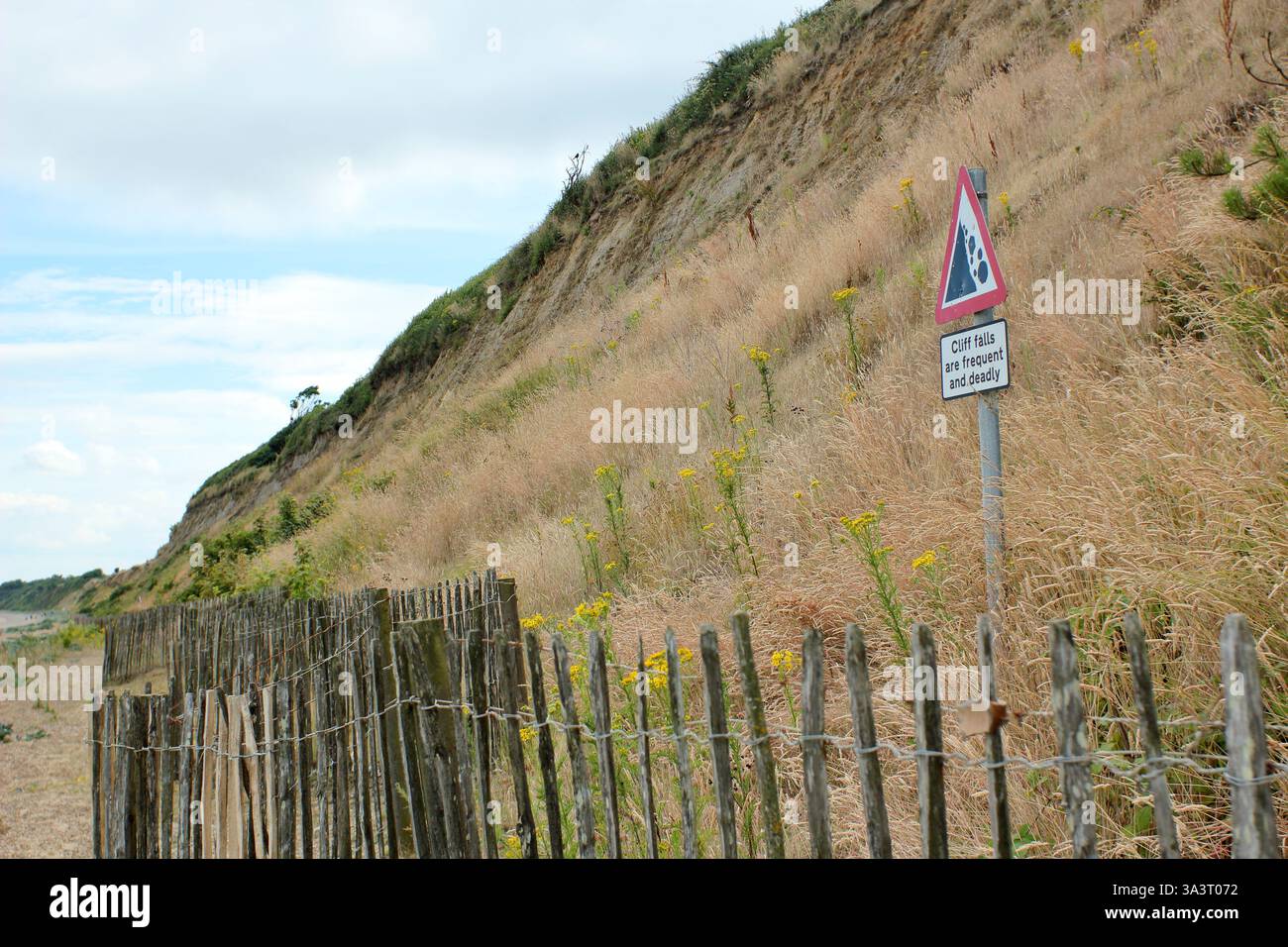 Scogliere instabili a Dunwich Beach dietro un cordone con segnale di pericolo di frequenti e mortali cascate. Dunwich Beach, Suffolk, Regno Unito. Foto Stock