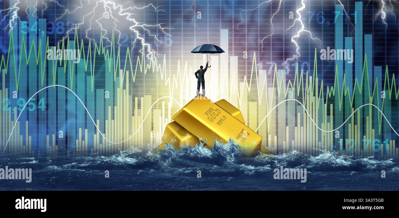 Copertura dell'oro contro la volatilità del mercato come investimento sicuro in materie prime di metalli preziosi come risorsa sicura durante la difficile situazione economica del mercato azionario vol Foto Stock