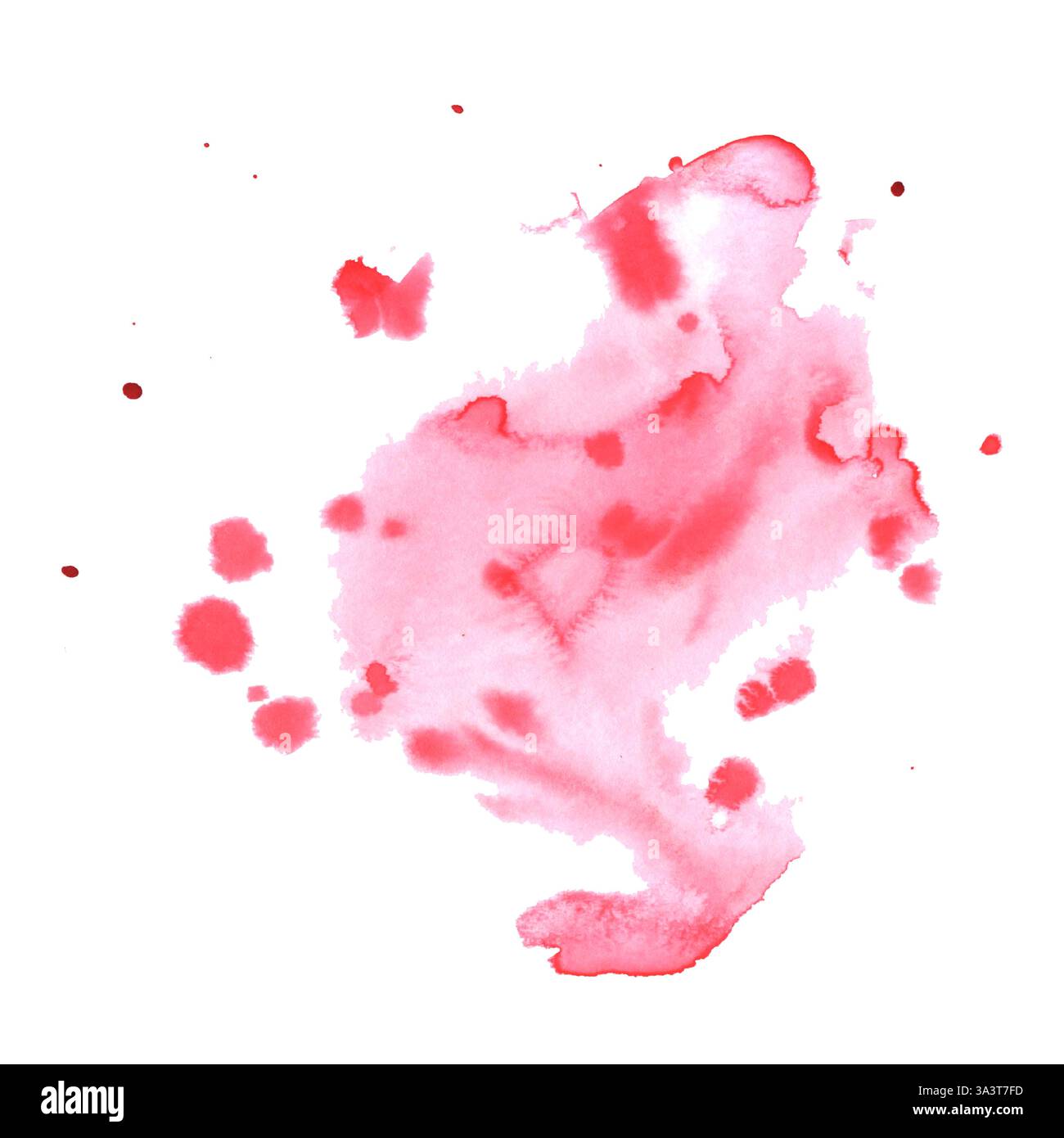 Macchia di acquerello rosa astratto con spruzzi di vernice. Macchie di vernice acquerello liquida su sfondo bianco. Sfondo testurizzato con schizzi. Foto Stock