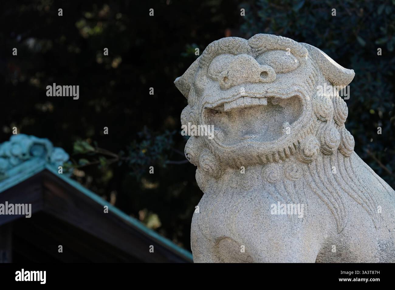 Komainu dall'aspetto felice - un cane da leone che protegge l'ingresso o il cancello di un santuario in Giappone Foto Stock