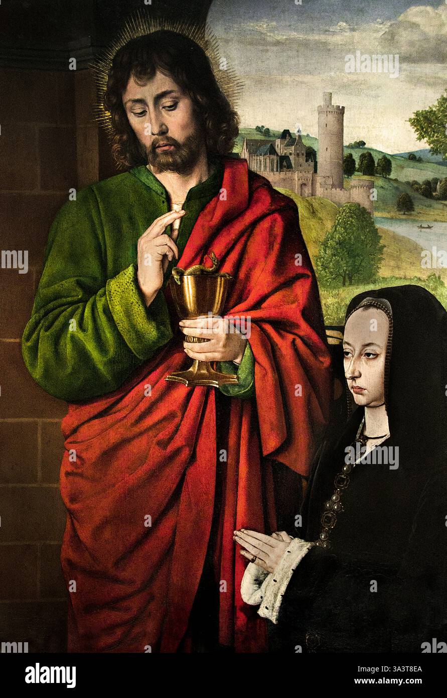 Pierre II Sire de Beaulieu Duca di Borbone presentato da San Pietro 1492-93 di Jean Hey French le Maitre de moulins Museo di Belle Arti del Louvre. ) MPierre II, Sire de Beaujeu, noto anche come Pietro II, duca di Borbone, fu una figura di spicco nella Francia del tardo XV secolo. Fu il settimo duca di Borbone, ereditando il titolo nel 1488, e anche Seigneur de Beaujeu dal 1474. È noto per il suo matrimonio con Anne de Beaujeu, la figlia maggiore di re Luigi XI, e per il suo ruolo nella reggenza di Francia durante la minore età di re Carlo VIII Foto Stock