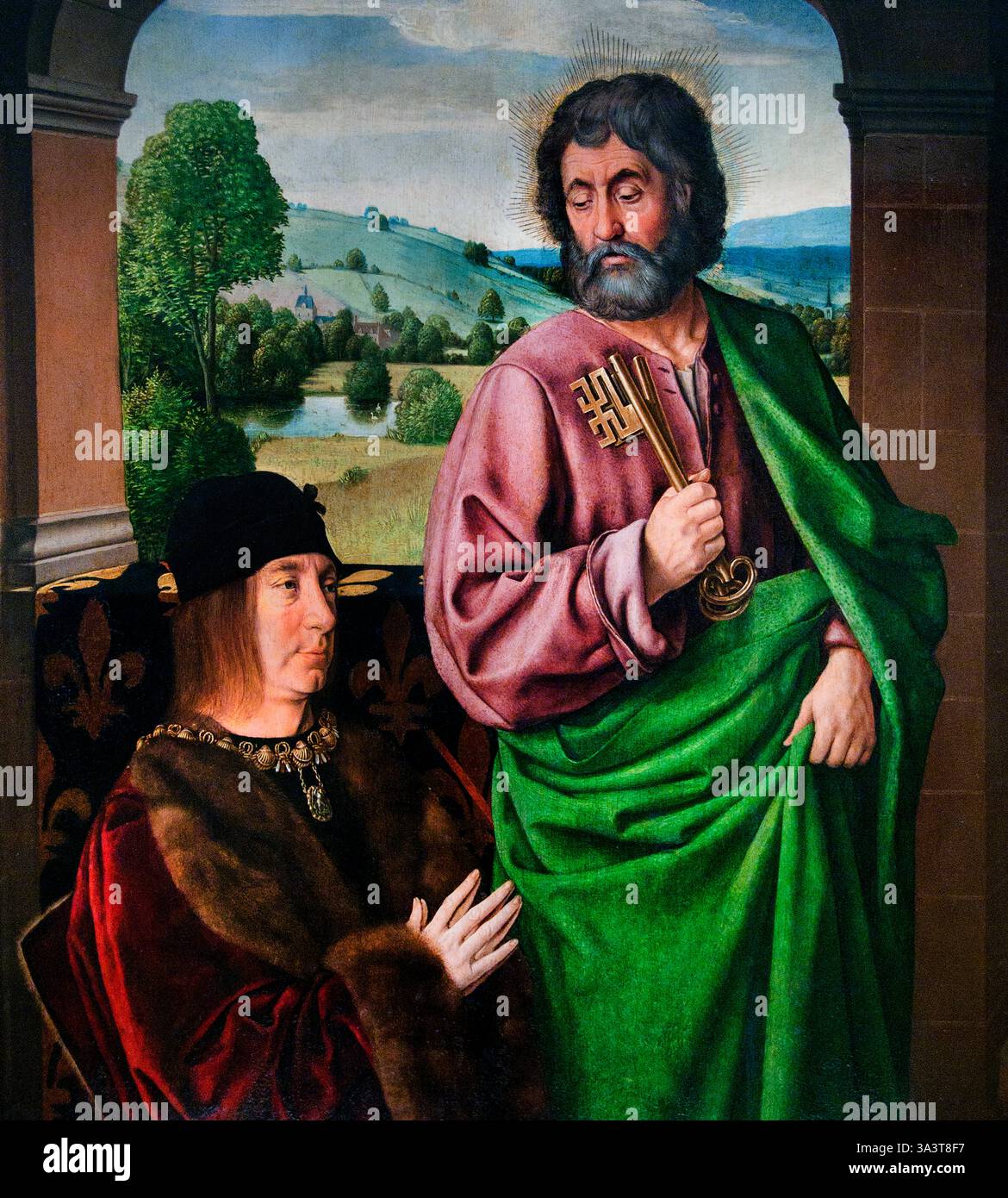 Pierre II Sire de Beaulieu Duca di Borbone presentato da San Pietro 1492-93 di Jean Hey French le Maitre de moulins Museo di Belle Arti del Louvre. ) MPierre II, Sire de Beaujeu, noto anche come Pietro II, duca di Borbone, fu una figura di spicco nella Francia del tardo XV secolo. Fu il settimo duca di Borbone, ereditando il titolo nel 1488, e anche Seigneur de Beaujeu dal 1474. È noto per il suo matrimonio con Anne de Beaujeu, la figlia maggiore di re Luigi XI, e per il suo ruolo nella reggenza di Francia durante la minore età di re Carlo VIII Foto Stock