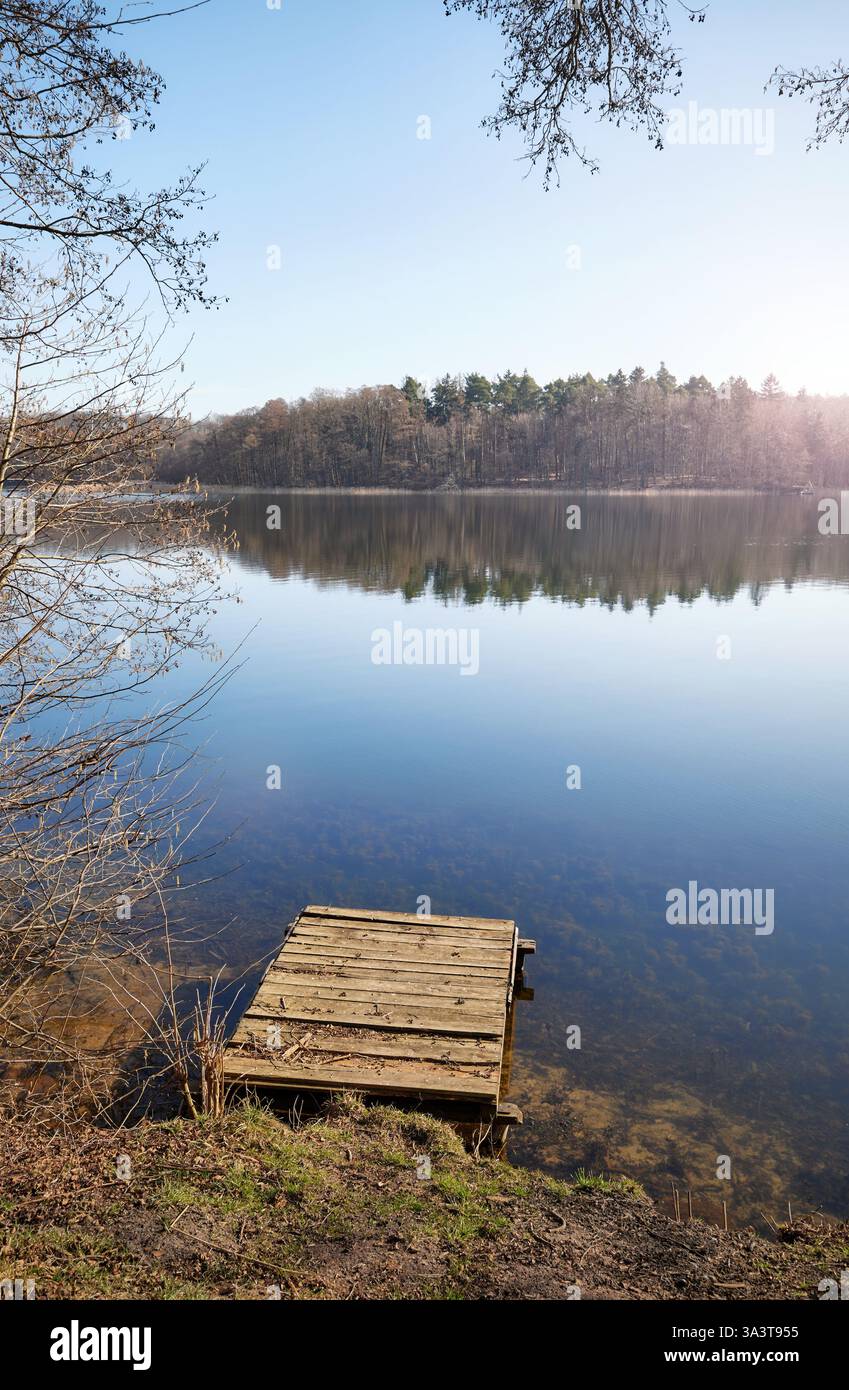 Molo in legno sul lago Barlinek, Voivodato della Pomerania Occidentale, Polonia. Foto Stock