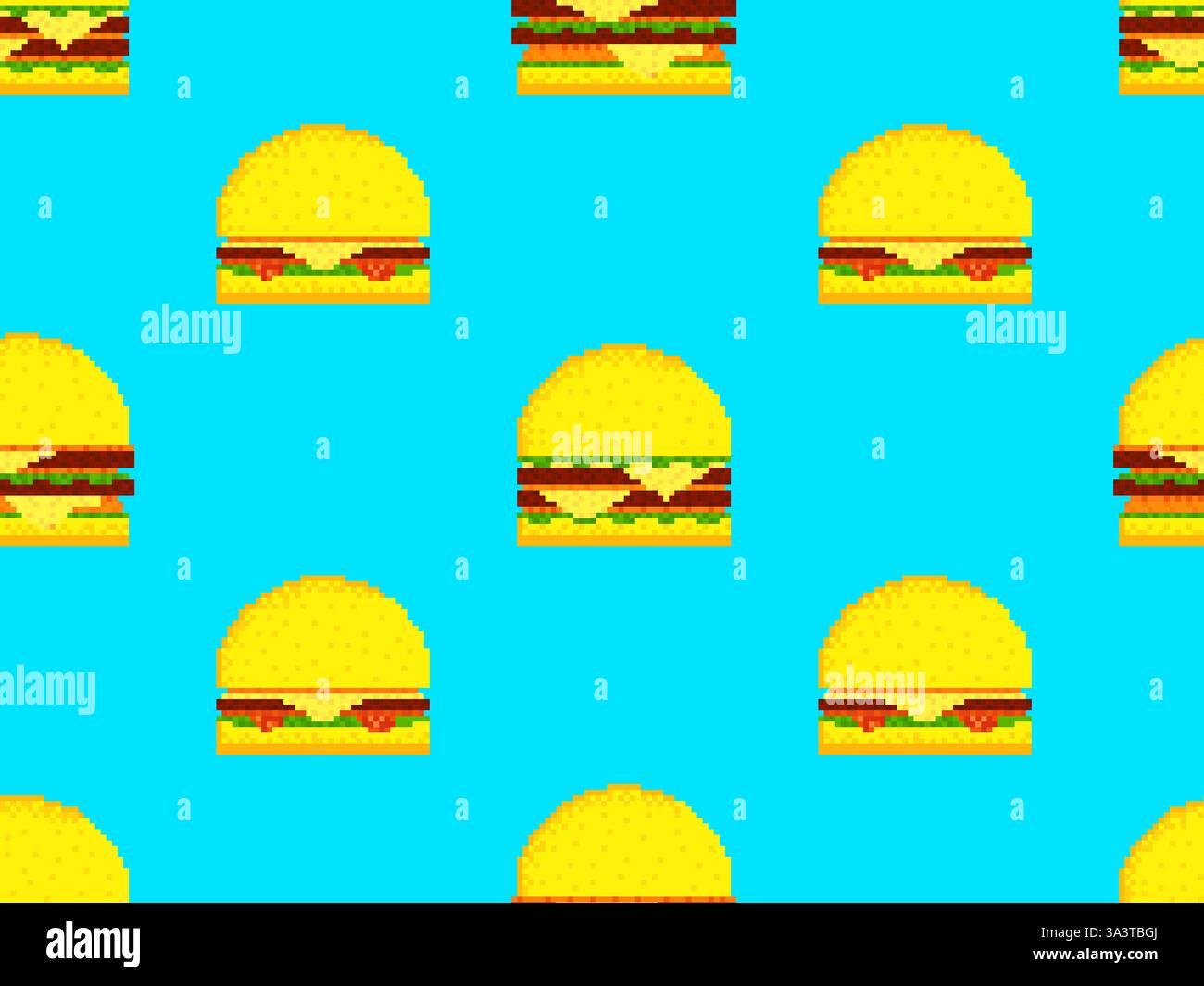 Motivo senza cuciture con hamburger e cheeseburger in stile pixel art. Fast food pixel, cheeseburger con doppie cotolette nel videogioco retrò a 8 bit st Illustrazione Vettoriale