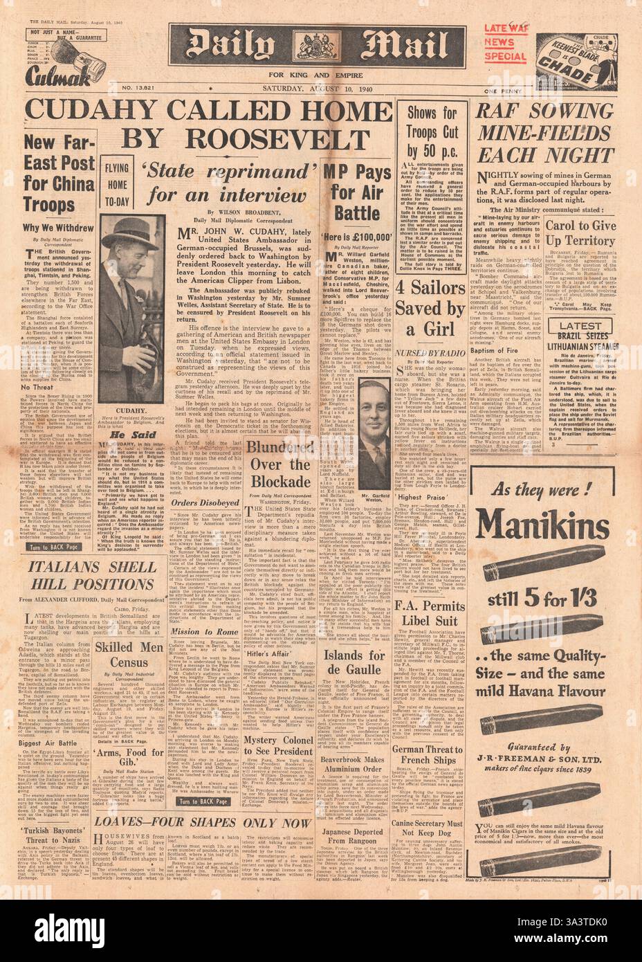 1940 front page Daily Mail ambasciatore statunitense John Cudahy chiamato a casa dal presidente Roosevelt Foto Stock