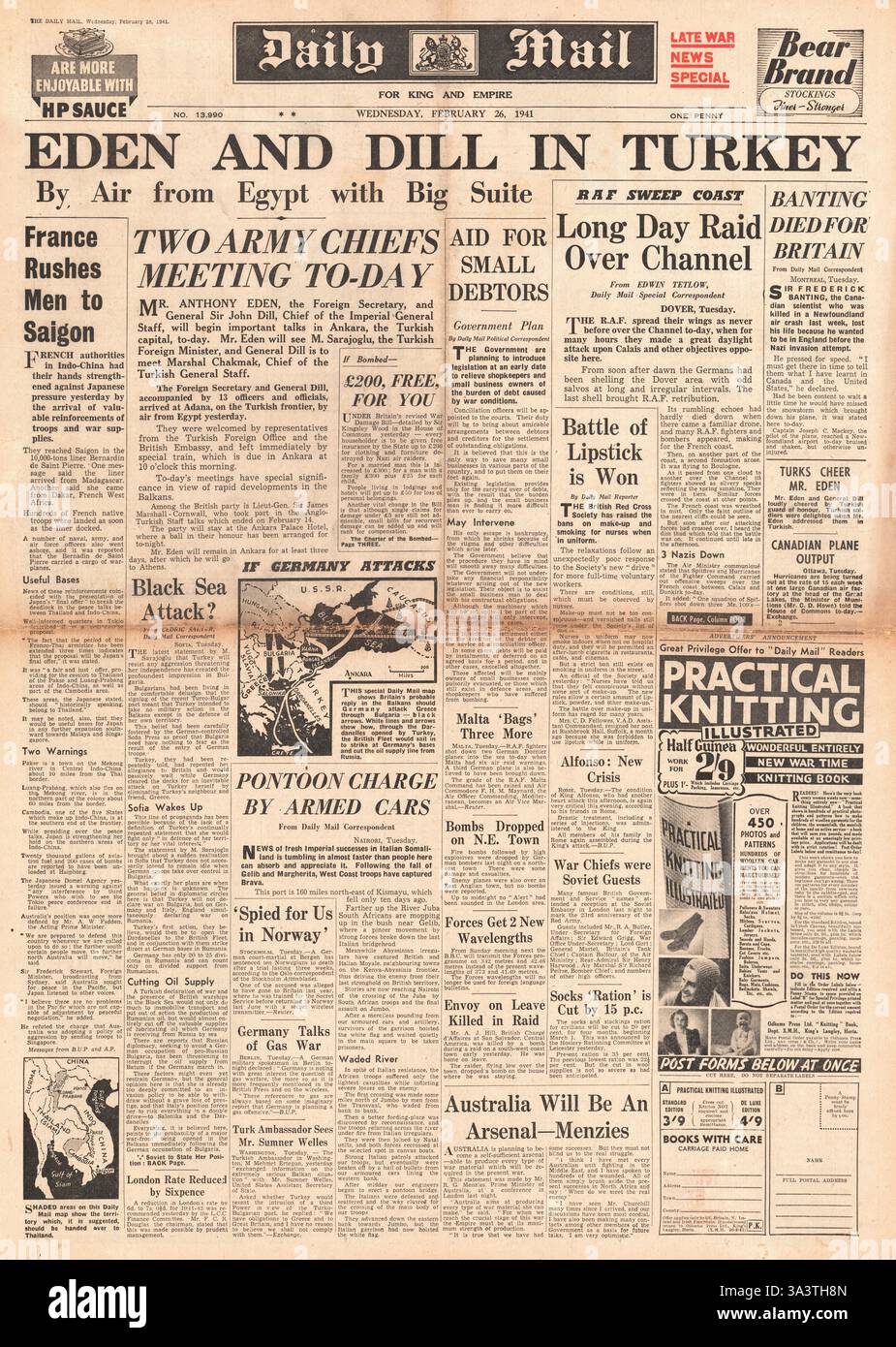 1941 prima pagina del Daily mail Anthony Eden partecipa ai colloqui in Turchia Foto Stock