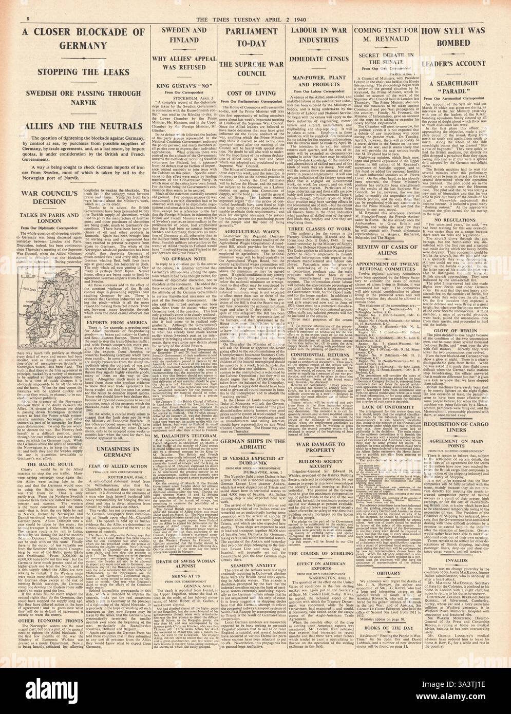 1940 pagina 8 The Times i governi britannico e francese chiedono un blocco più stretto della Germania e dell'industria britannica nel censimento del lavoro e della produzione Foto Stock