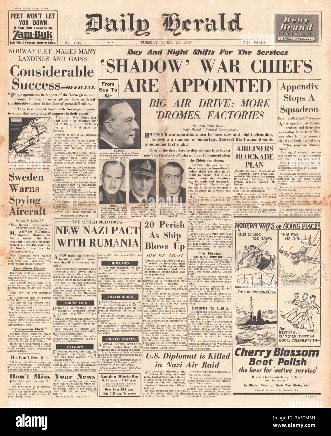 1940 front page Daily Herald nuove nomine per il personale in generale Foto Stock