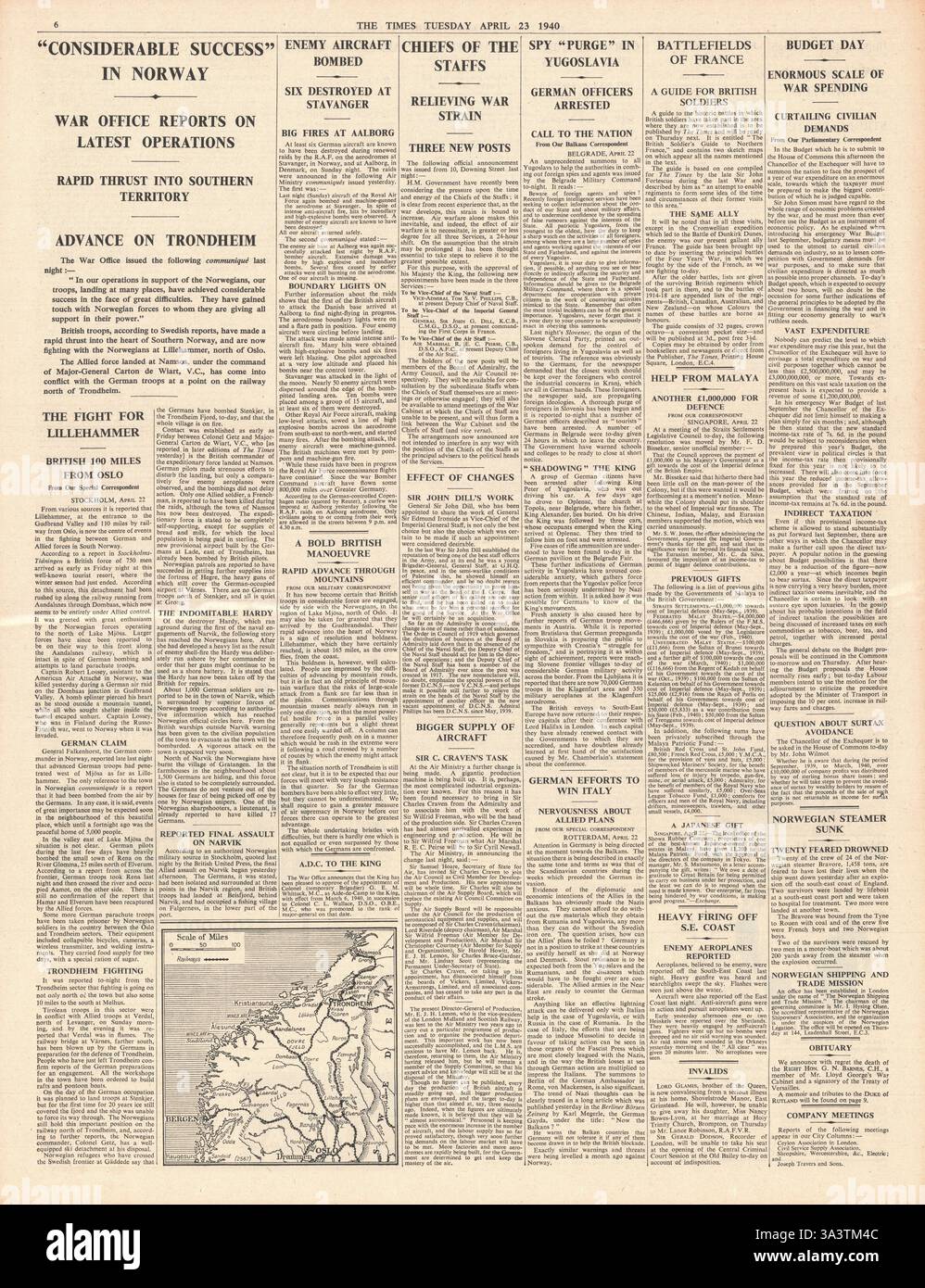 1940 page 6 The Times successi britannici in Norvegia e nuove nomine allo Stato maggiore generale Foto Stock