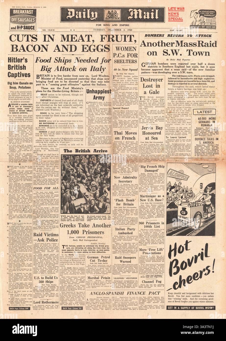 1940 front page Daily Mail Lord Walton annuncia il taglio in razioni di carne Foto Stock