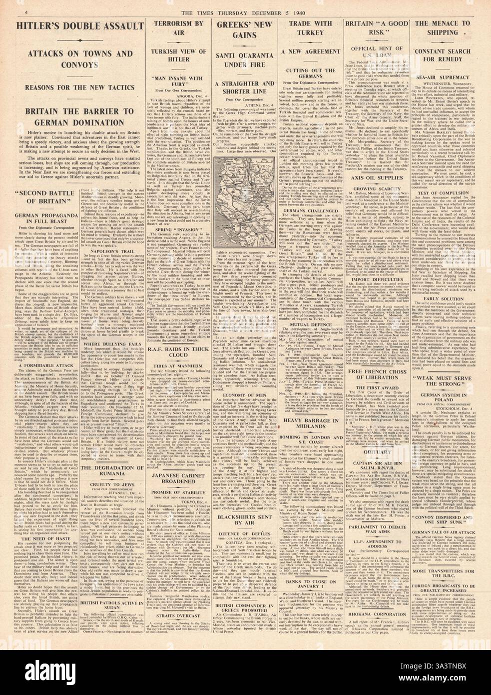 1940 page 4 The Times Germany dichiara una nuova fase di guerra contro la Gran Bretagna per via aerea e marittima Foto Stock