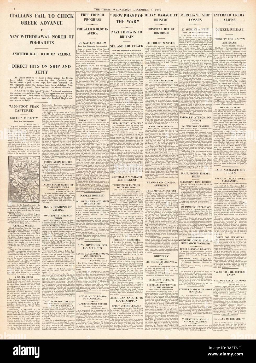 1940 page 4 The Times Greek Army continua ad avanzare, pesanti perdite nel trasporto navale alleato, e la Germania dichiara una nuova fase di guerra contro la Gran Bretagna per via aerea e marittima Foto Stock