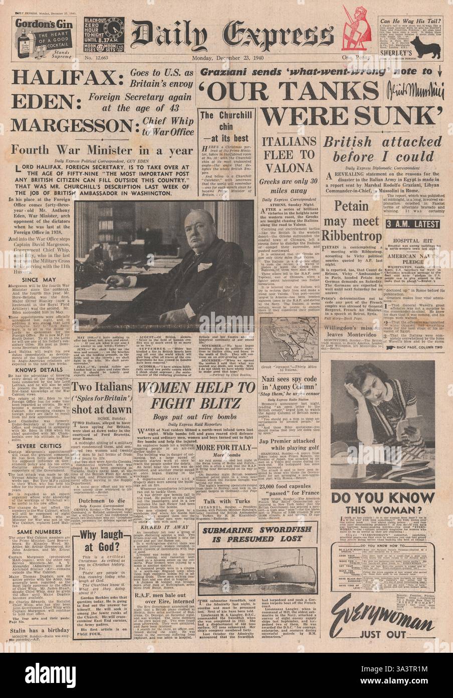 1940 prima pagina Daily Express Cabinet Reshuffle, David Margesson è il nuovo Segretario alla Guerra, Anthony Eden è nuovo Segretario degli Esteri e Lord Halifax nuovo Ambasciatore britannico negli Stati Uniti Foto Stock