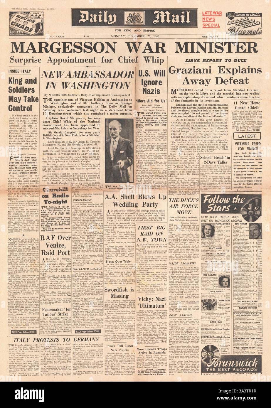 1940 prima pagina Daily mail Cabinet Reshuffle e David Margesson è il nuovo Segretario alla Guerra Foto Stock