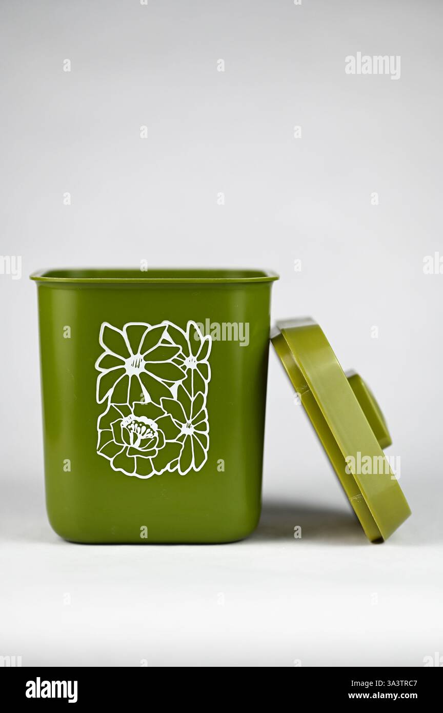 Contenitore in plastica verde Avocado vintage con coperchio Foto Stock
