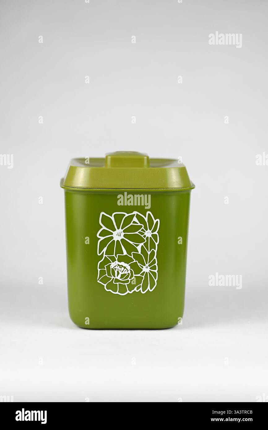 Contenitore in plastica verde Avocado vintage con coperchio Foto Stock