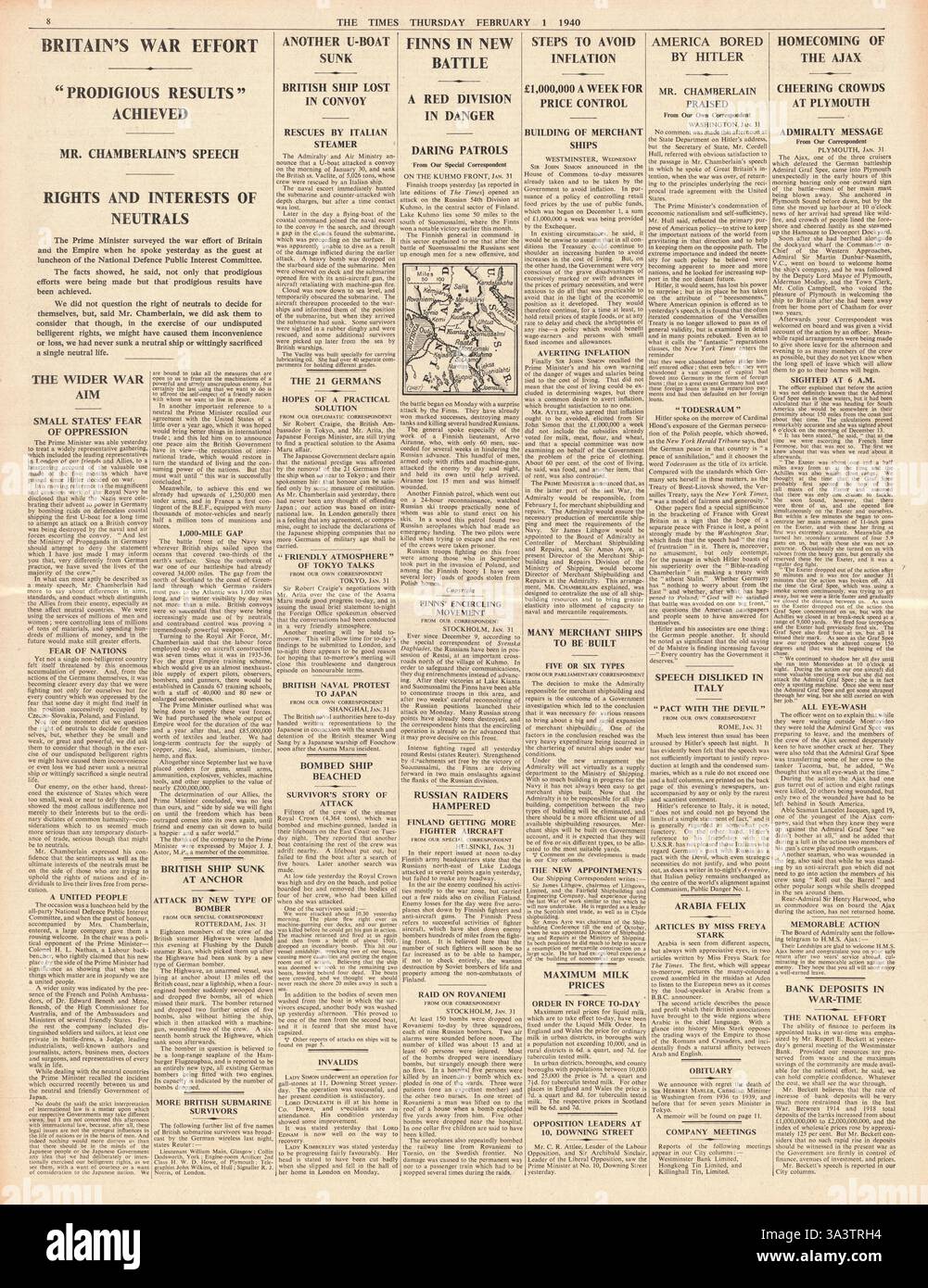 1940 Pagina 8 Tempi Chamberlain rende discorso sulla Gran Bretagna allo sforzo di guerra Foto Stock