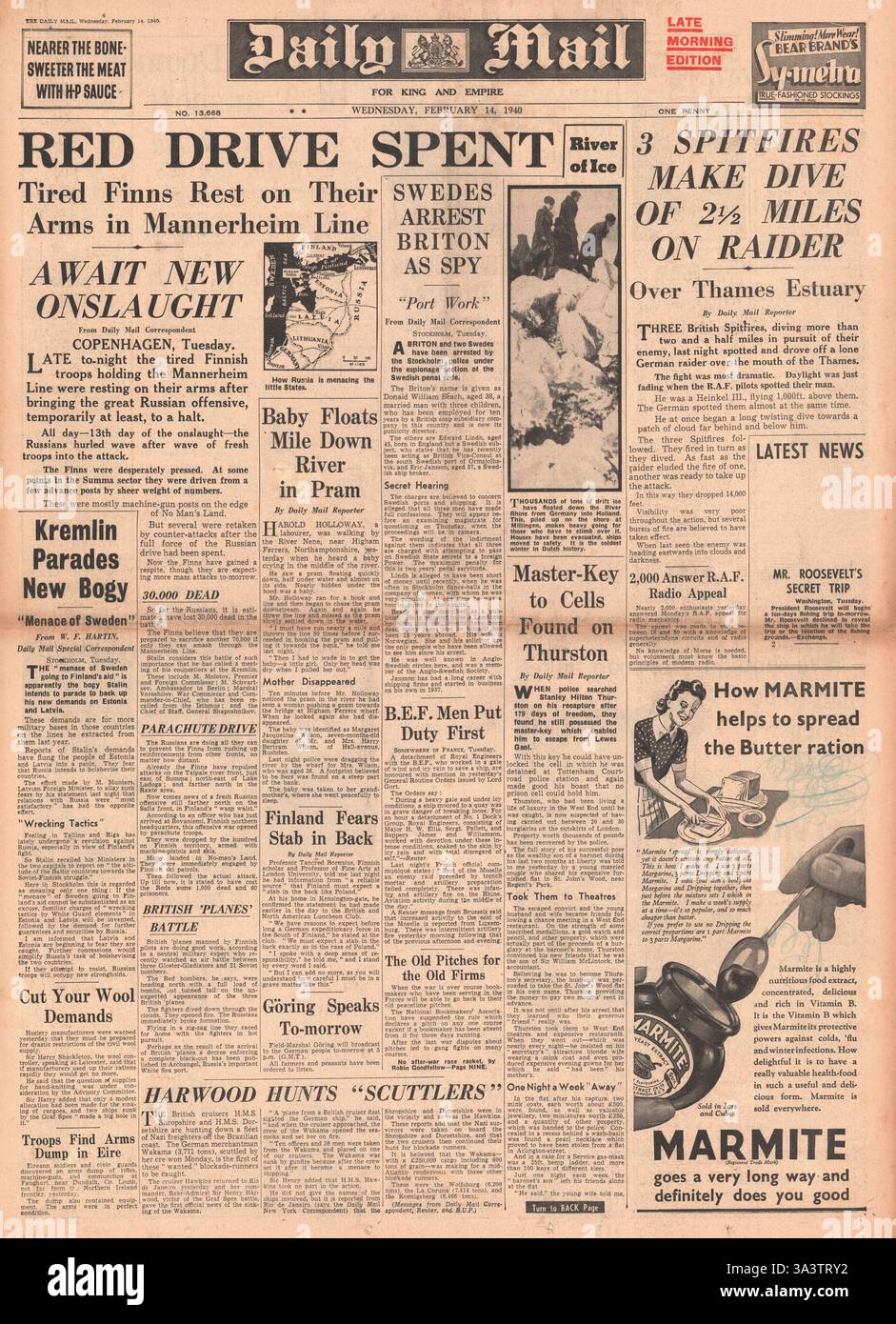 1940 front page Daily Mail le forze russe detenute dall esercito finlandese Foto Stock