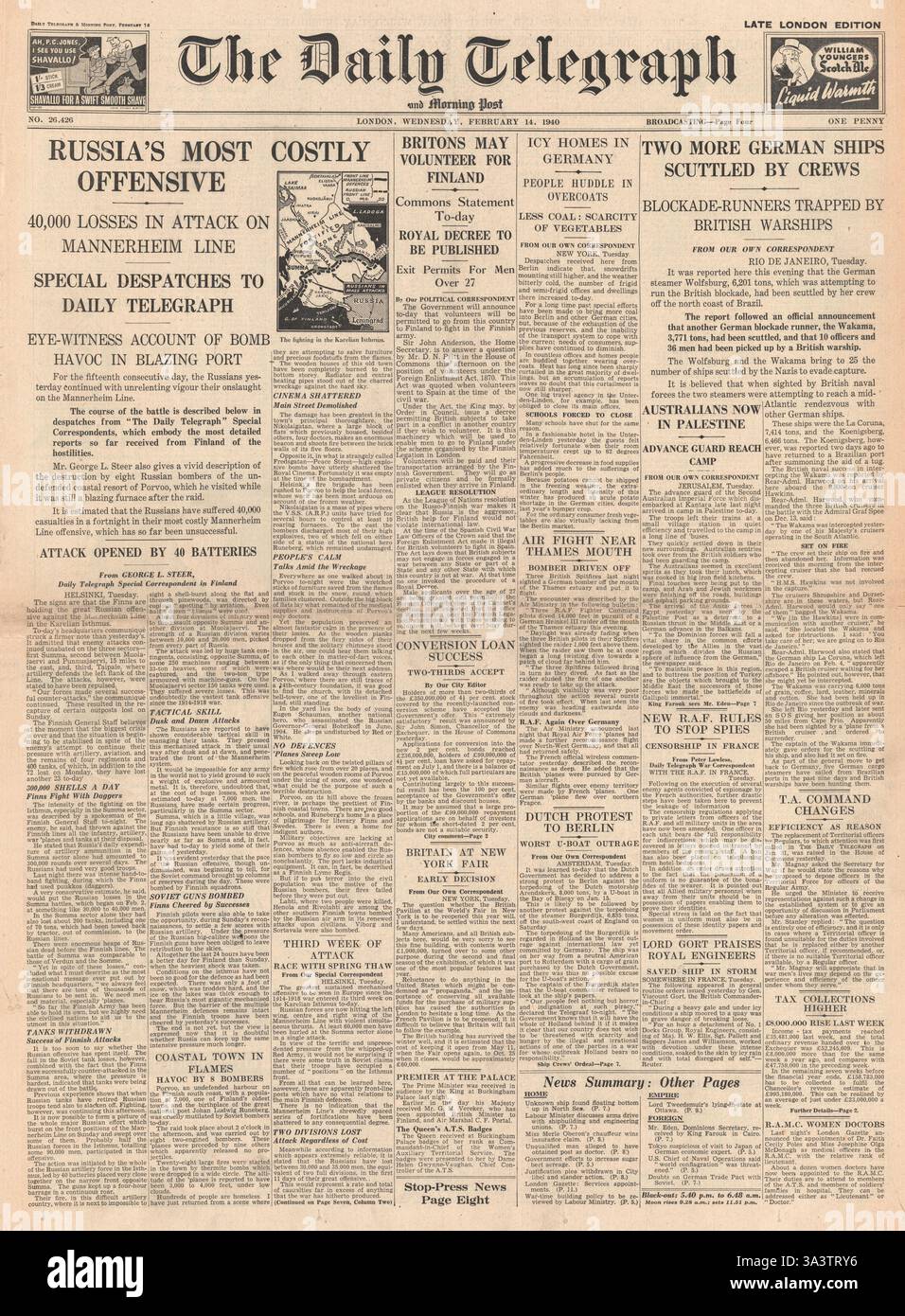 1940 prima pagina del Daily Telegraph la costosa offensiva russa contro la Finlandia e il governo britannico sostiene i volontari per la Finlandia Foto Stock