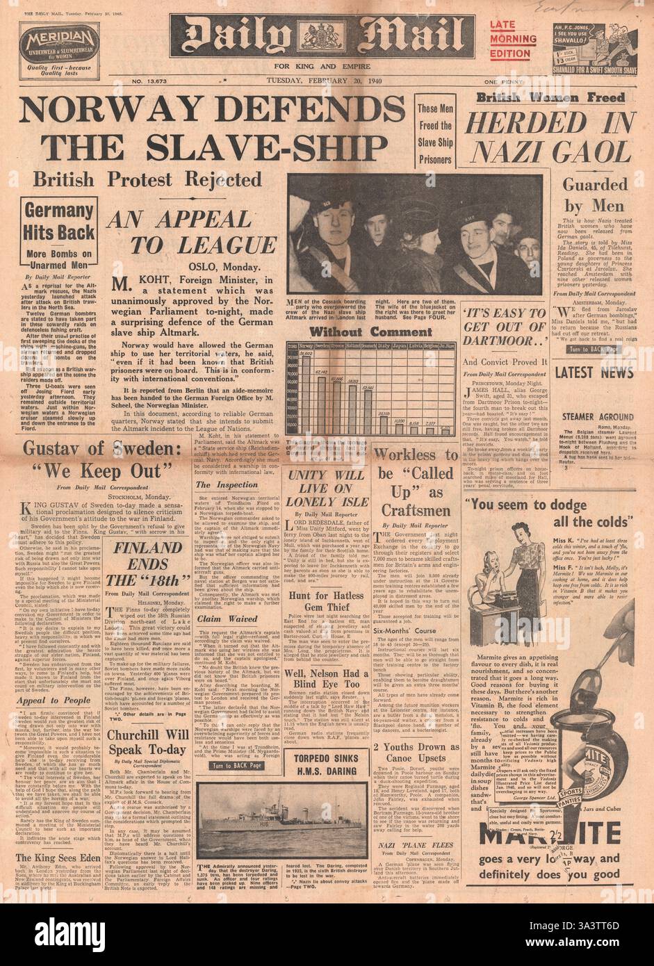 1940 front page Daily Mail Norvegia possono presentare ricorso alla lega delle nazioni su Altmark Foto Stock