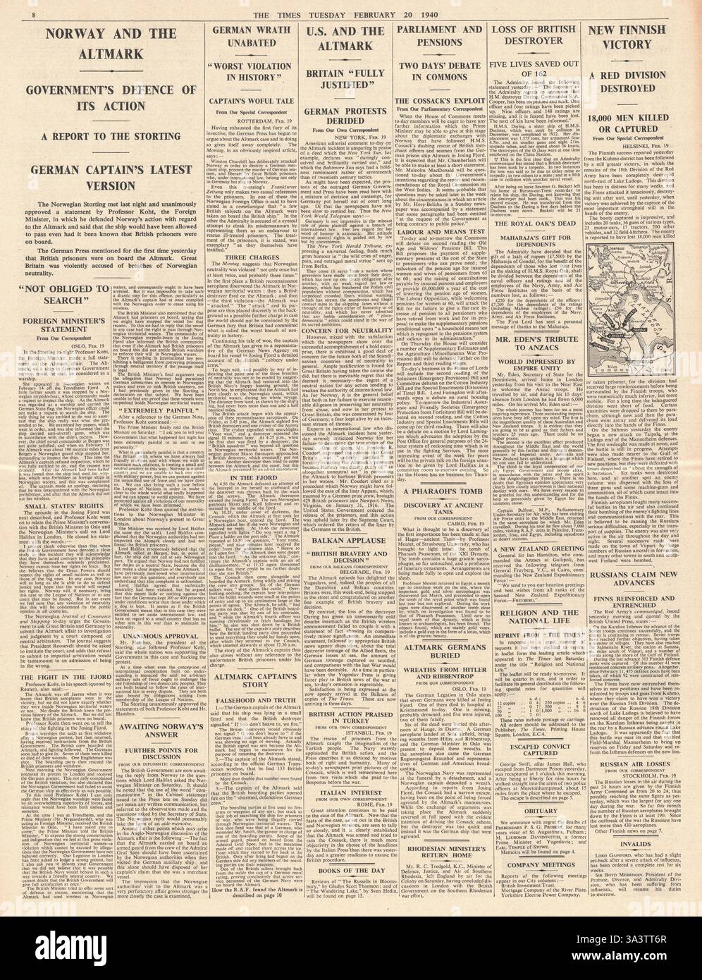 1940 i tempi pagina 8 la Norvegia può proporre ricorso alla lega delle nazioni su incidente Altmark Foto Stock